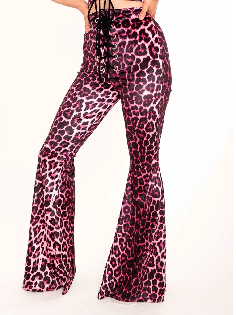 NWT MXCI Pink Leopard Velvet Bell Bottoms Lace Up XL Tall Long 35”